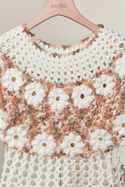Beige and Pink Round Neck Crochet Knit Top with Floral Patch