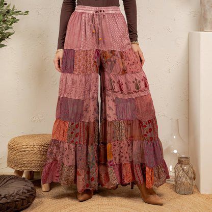 Boho Artisan Tiered Patchwork Wide-Leg Pants