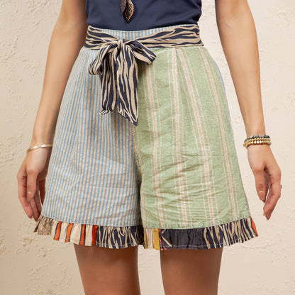 Boho Mixed Print Patchwork Shorts with Tie Belt New