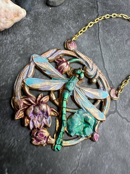 Dragonfly Pendant Necklace, Iridescent Patina Brass, Art Nou