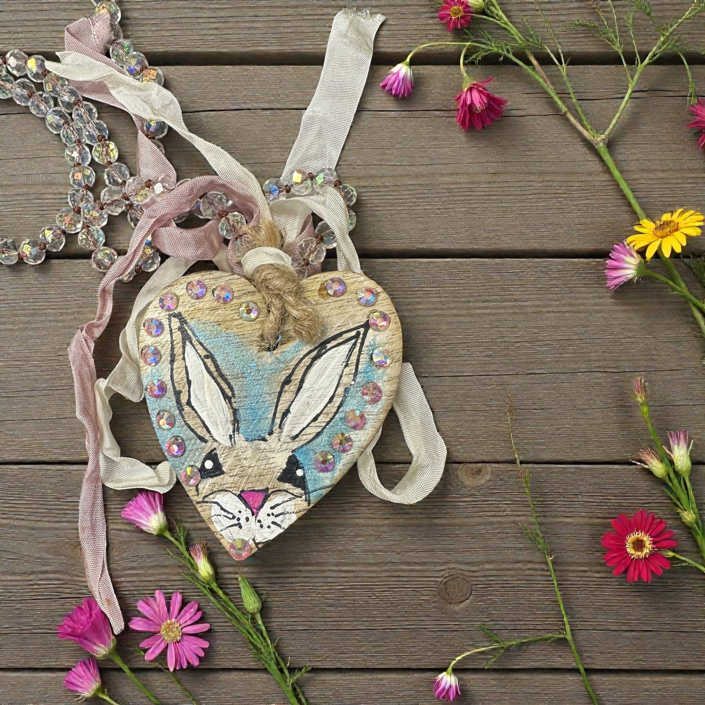 Hand Painted Bunny Wooden Heart