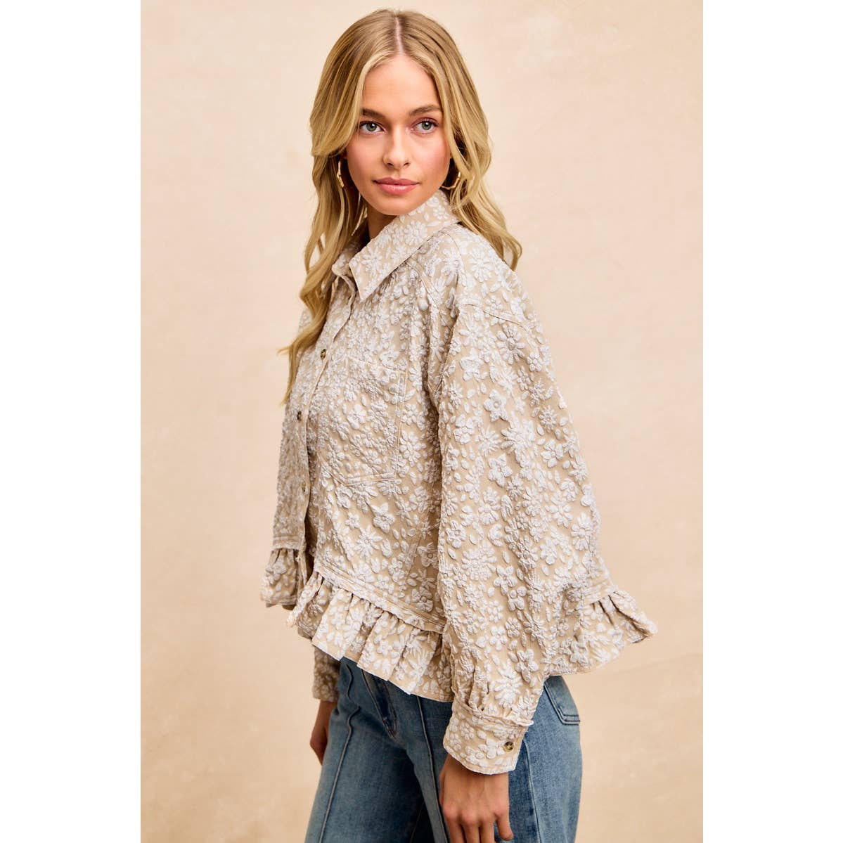 TEXTURED FLORAL PATTERN RUFFLED HEM SHIRT TOP