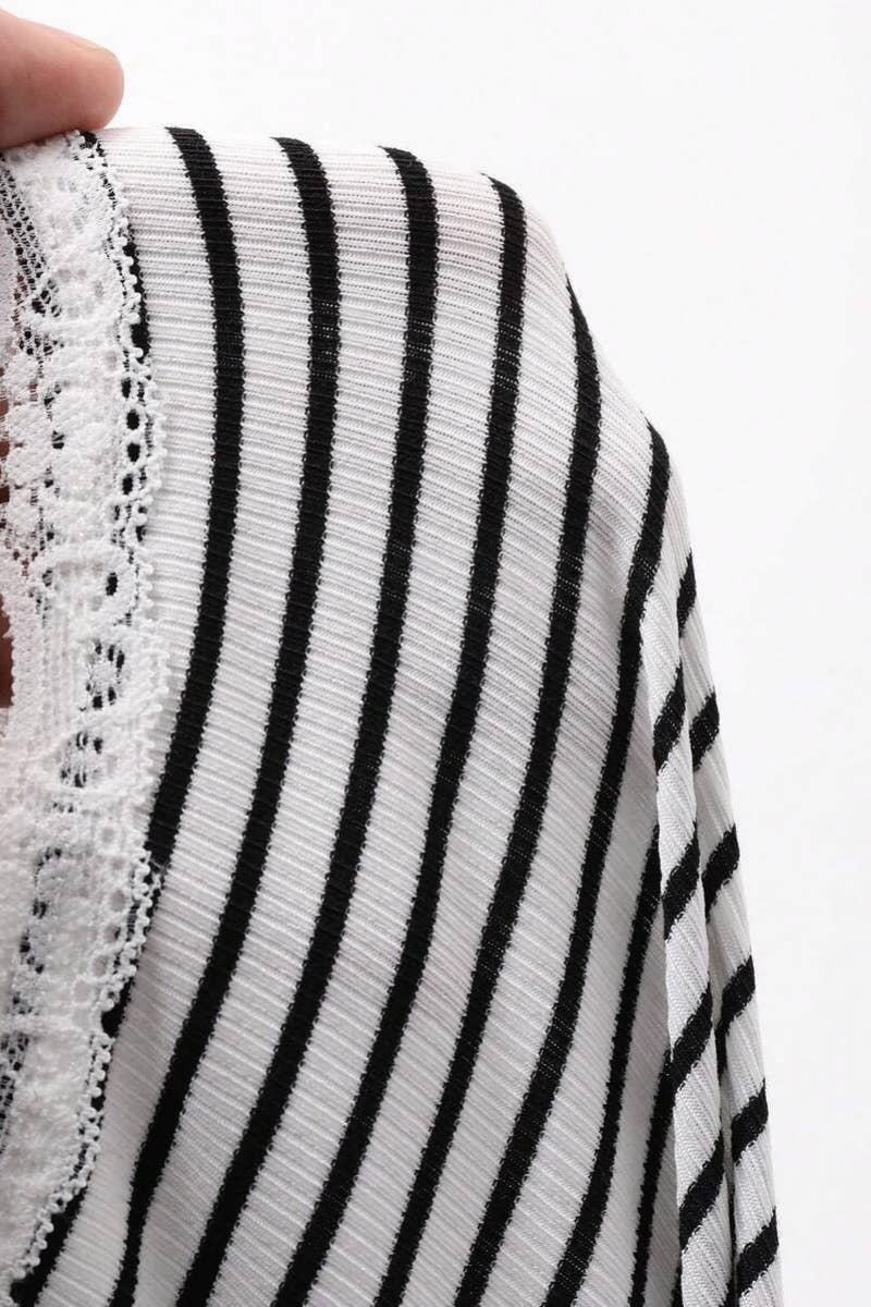 Striped Lace Trim Button Front Cardigan Top