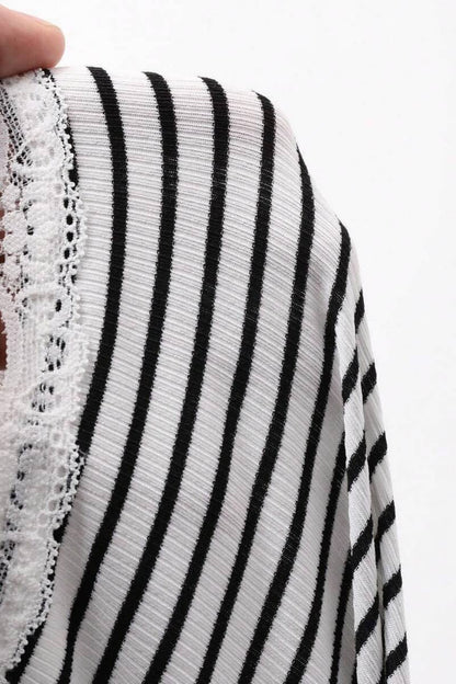 Striped Lace Trim Button Front Cardigan Top