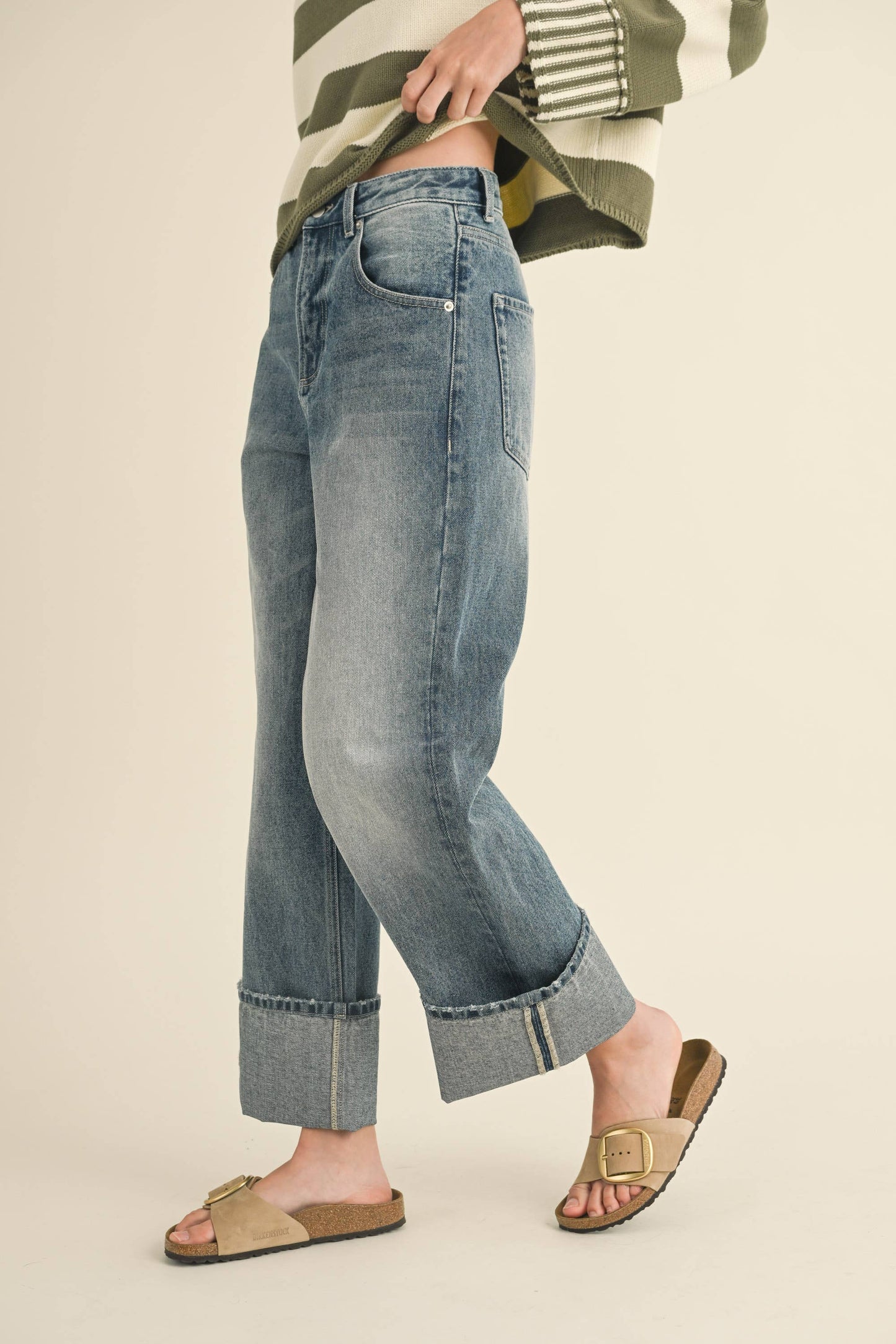 STRAIGHT LEG CUFFED HEM DENIM JEANS