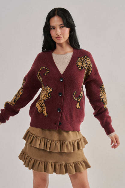Tiger Jacquard Knit Sweater Cardigan