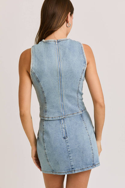 DENIM TOP WITH LOW WAIST DENIM SKIRT