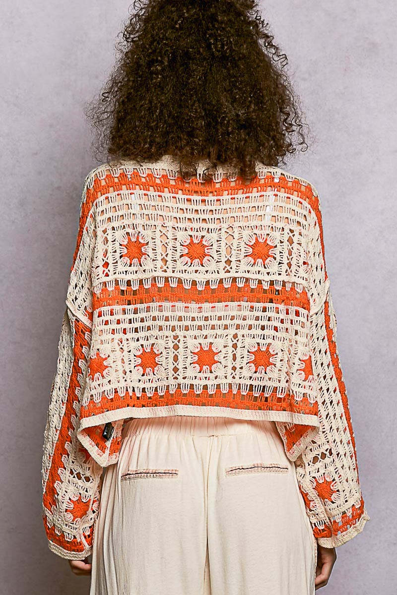 Orange and Cream Granny Square Long Sleeve Crochet Top