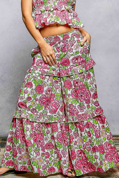 Wide-Leg Tiered Ruffle Edge Elastic Waist Floral Pants