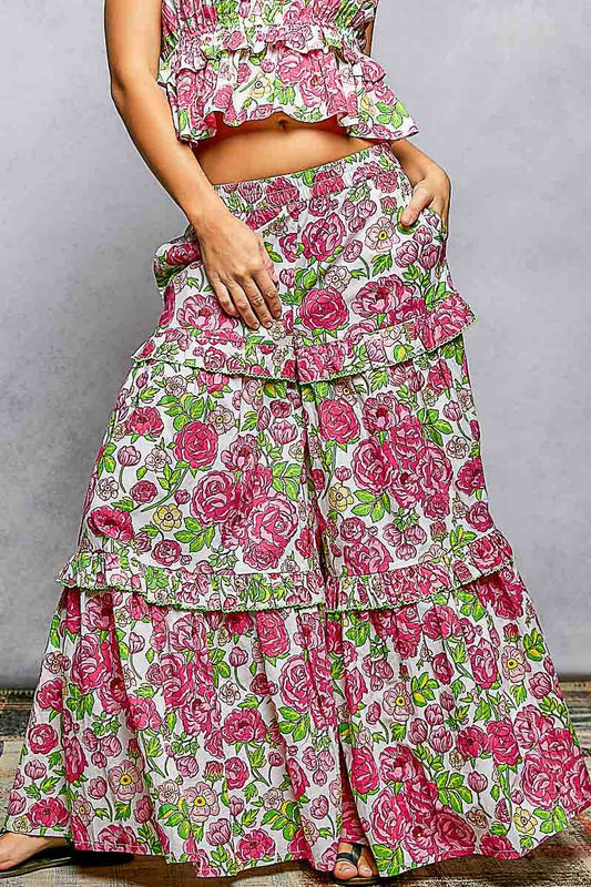 Wide-Leg Tiered Ruffle Edge Elastic Waist Floral Pants