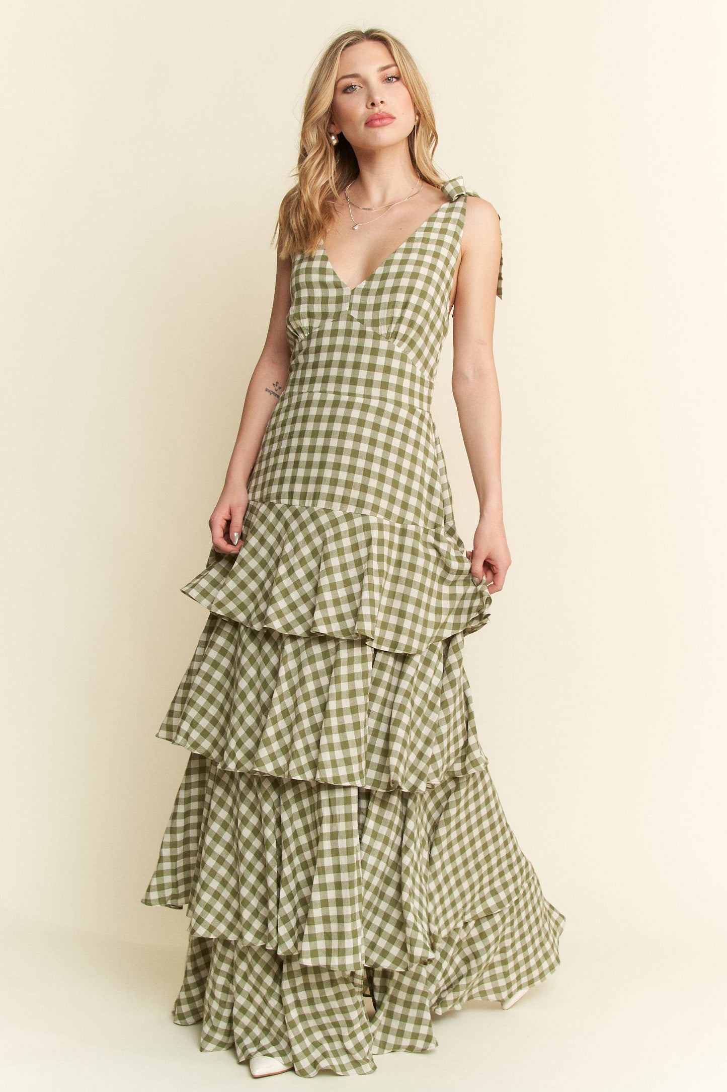GREEN GINGHAM TIERED MAXI DRESS