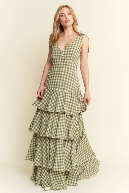 GREEN GINGHAM TIERED MAXI DRESS