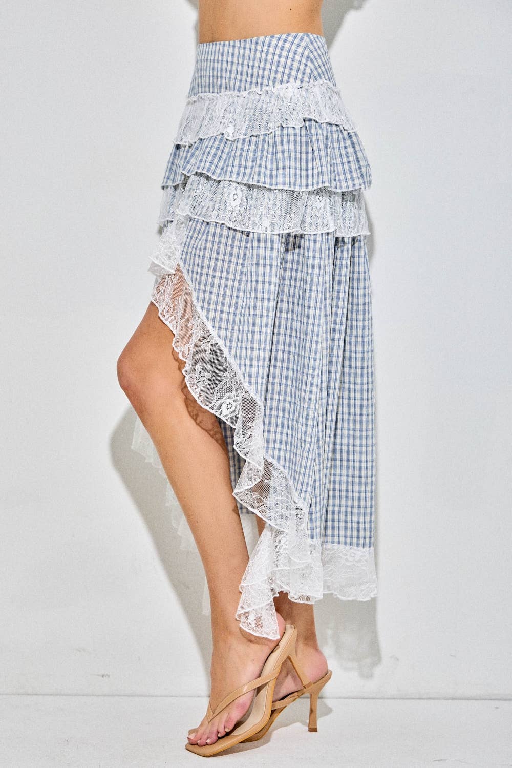 GINGHAM AND LACE TIERED MIDI SKIRT
