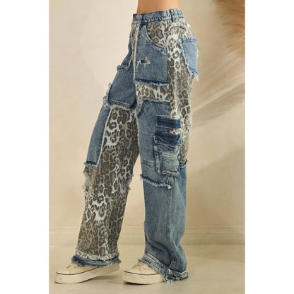 WASHED LEOPARD PRINT DENIM JEANS