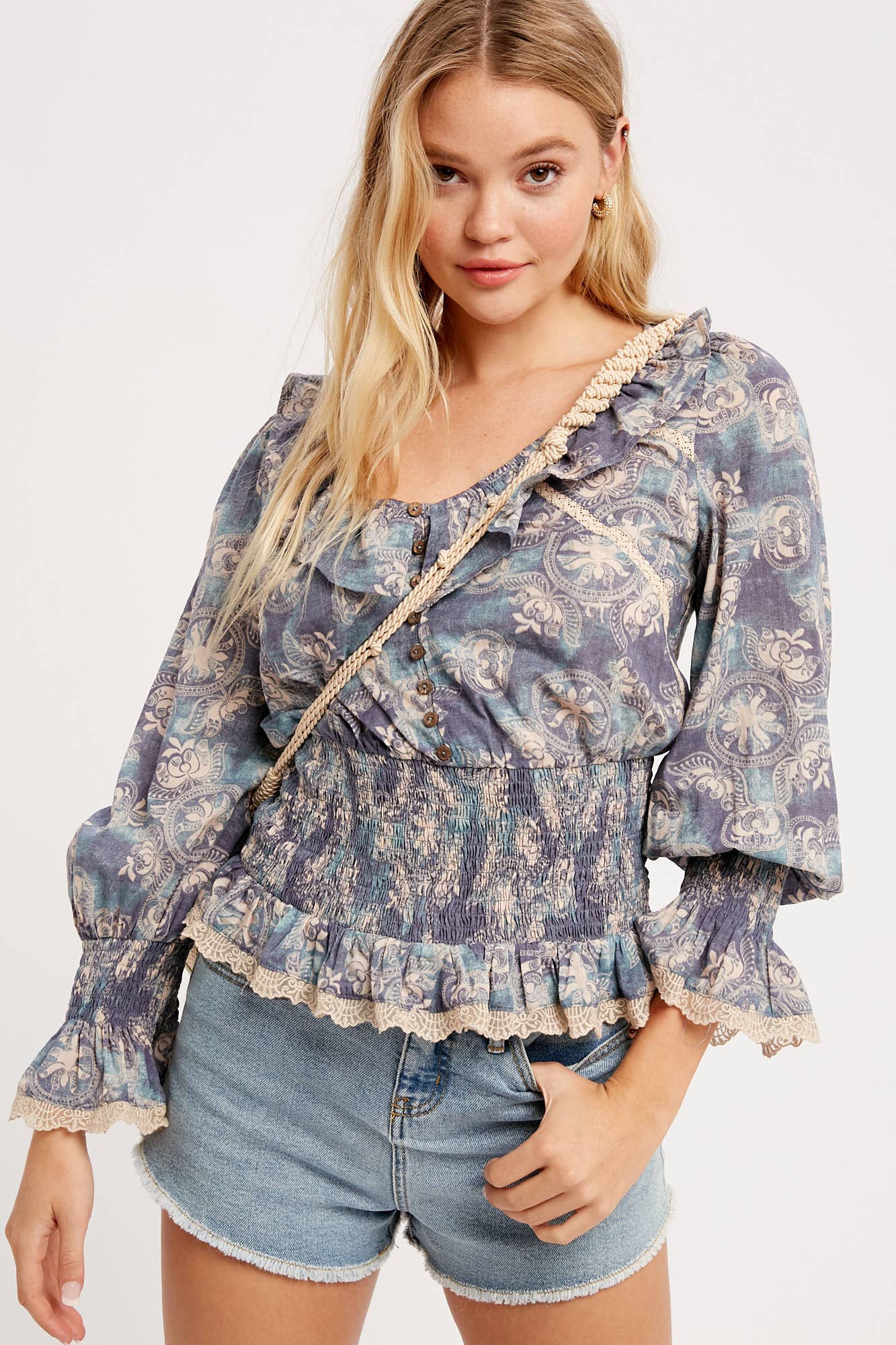 Boho Paisley Smocked Peplum Blouse