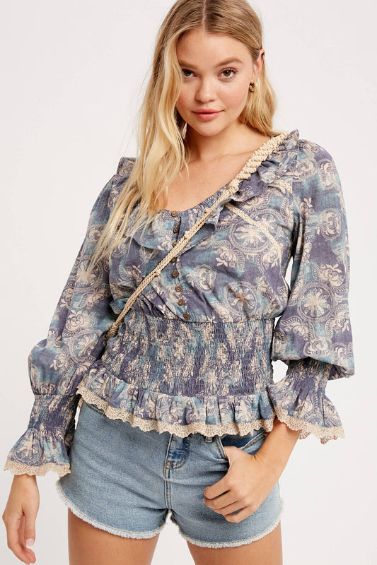 Boho Paisley Smocked Peplum Blouse