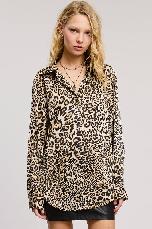 Collared Button-Down Satin Long-Sleeve Blouse Top Leopard