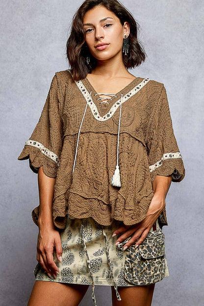 Short Sleeve Adjustable Drawstring Crochet V Neck Top