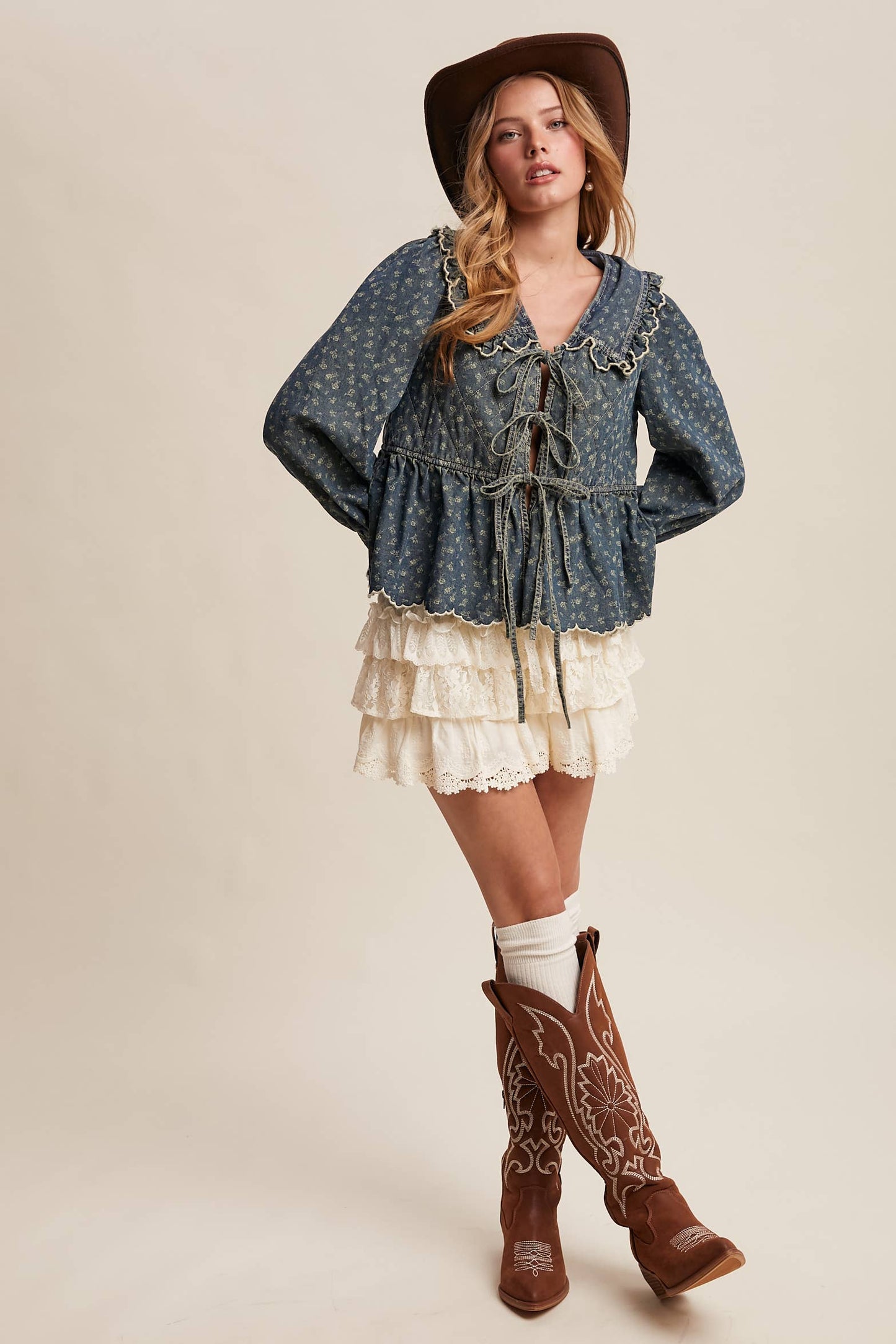 Ruffle Collar Tie-Front Denim Blouse