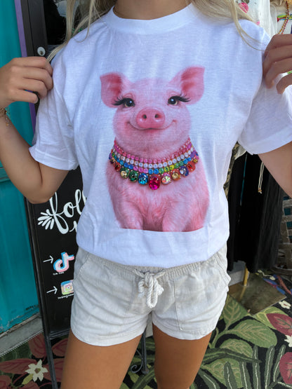 Jeweled Collar Happy Pig on White or Natural Crew