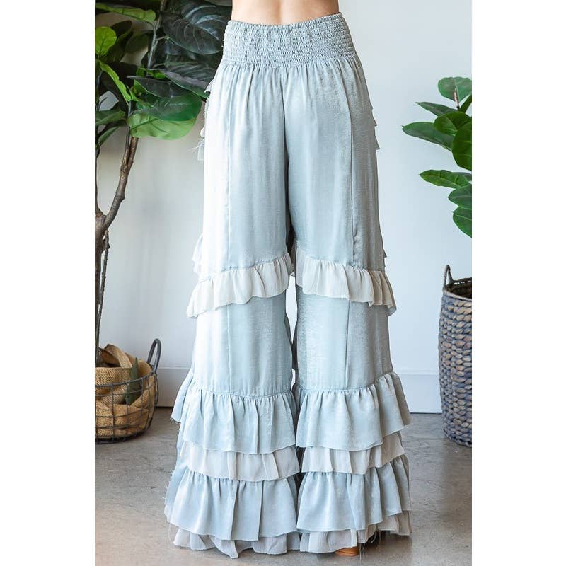 LAYERED RUFFLE PATCHED WIDE LEG PANTS