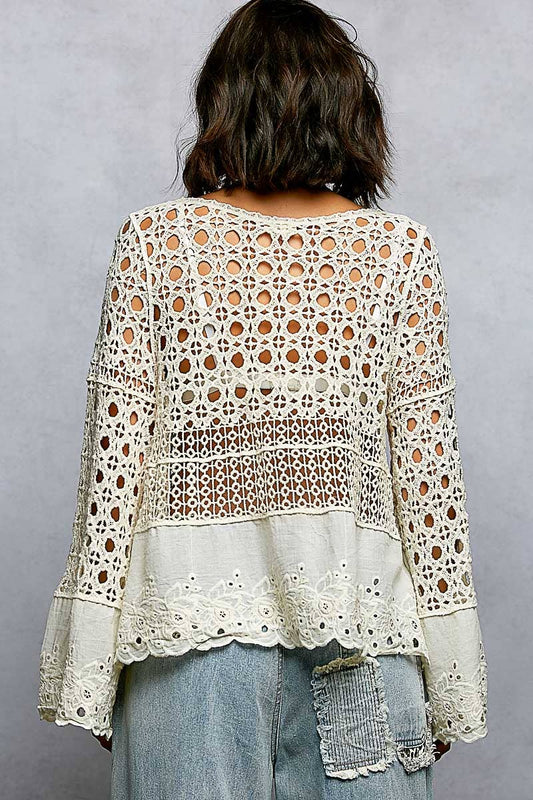 Long Sleeve Round Neck Crochet Top