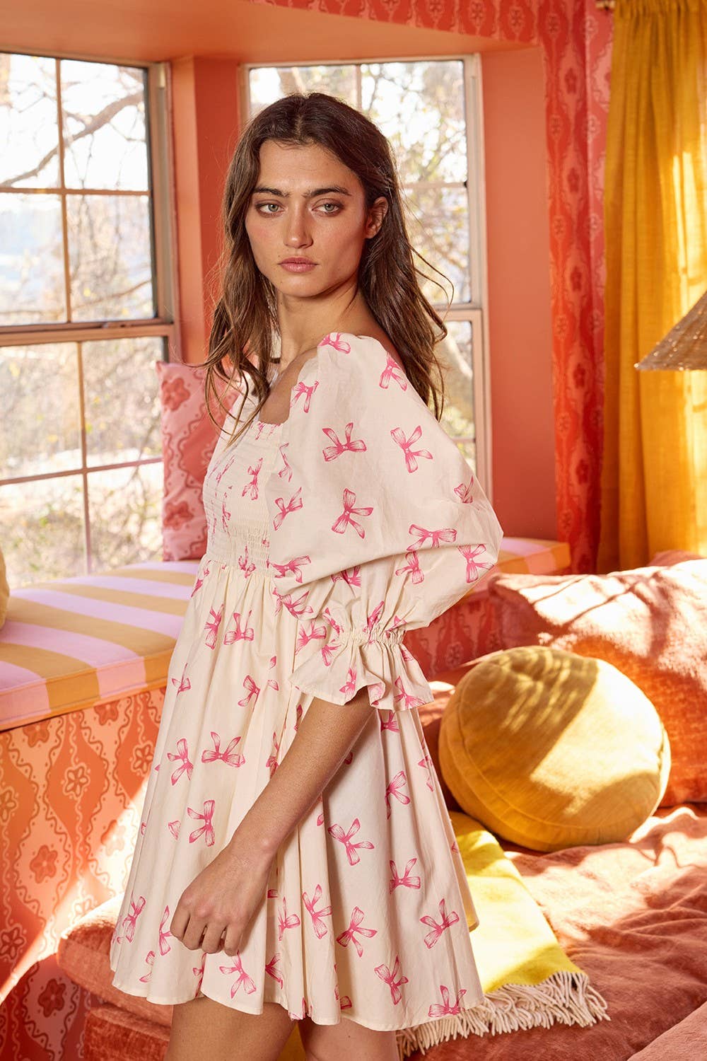 Puff Sleeve Smock Bow Print Mini Dress