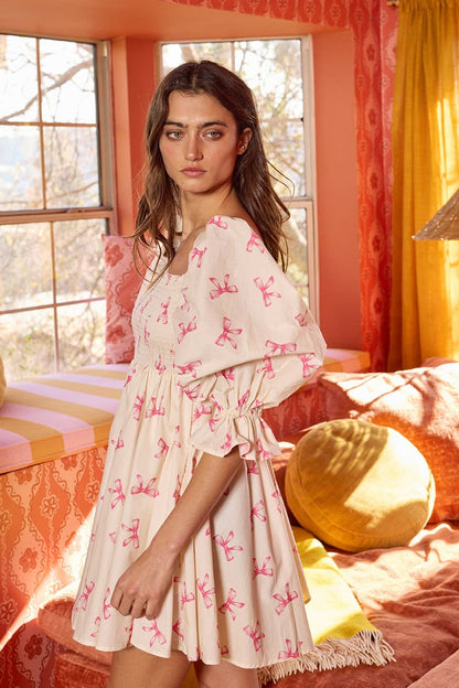 Puff Sleeve Smock Bow Print Mini Dress