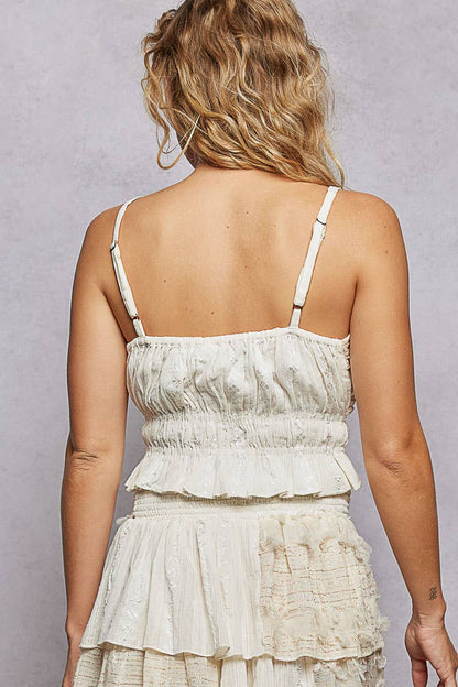 Reverse Ruffle Shirring V-Neck Cotton Sleeveless Crop Top