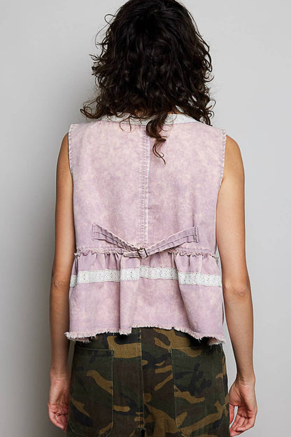 Embroidered Raw Edge Vintage Washing Twill Vest Jacket Top
