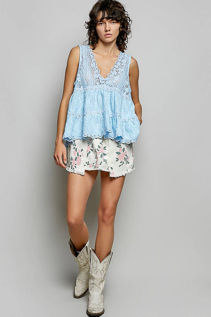 Sleeveless Deep V-neck Lace Trim Knit Top