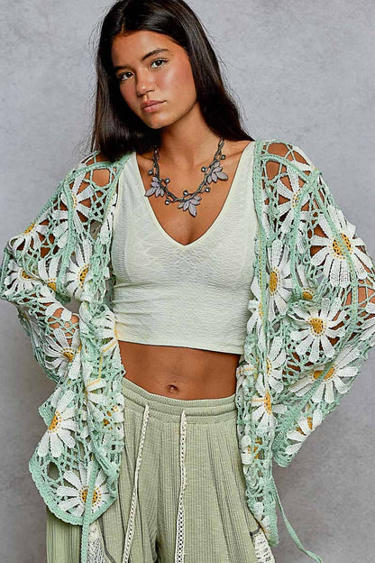 Long sleeve V neck crochet knit open cardigan