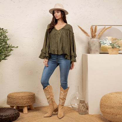 Dreamy Sheer V-Neck Ruffled Button-Front Top