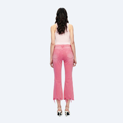 PINK MID RISE CROP FLARE TWILL PANTS WITH FRAYED HEM