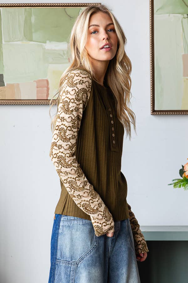 LACE SLEEVE HENLEY NECK KNIT TOP