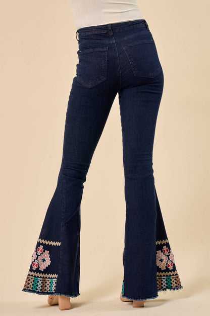 DARK DENIM BELLBOTTOMS WITH EMBROIDERY DETAIL
