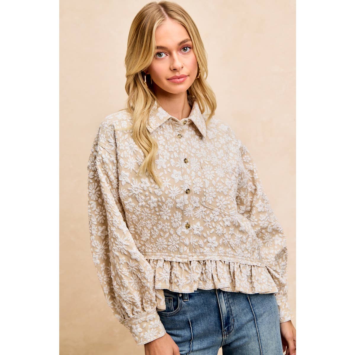 TEXTURED FLORAL PATTERN RUFFLED HEM SHIRT TOP