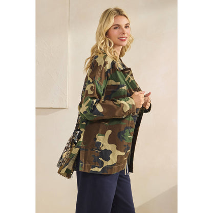 Camo Jacket with Floral Mesh Sequins Contrast