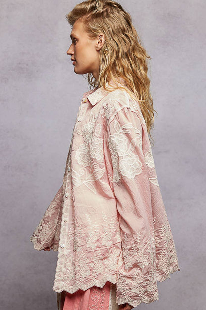 Long Sleeve Embroidered Scalloped Edge Shirt Top
