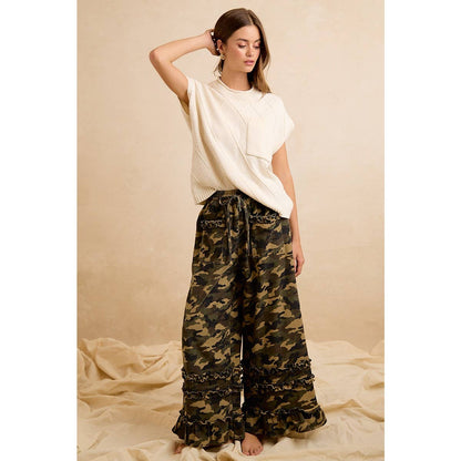 CAMOUFLAGE PRINTED TWILL RUFFLED DETAIL WIDE PANTS