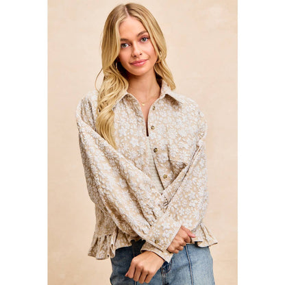 TEXTURED FLORAL PATTERN RUFFLED HEM SHIRT TOP