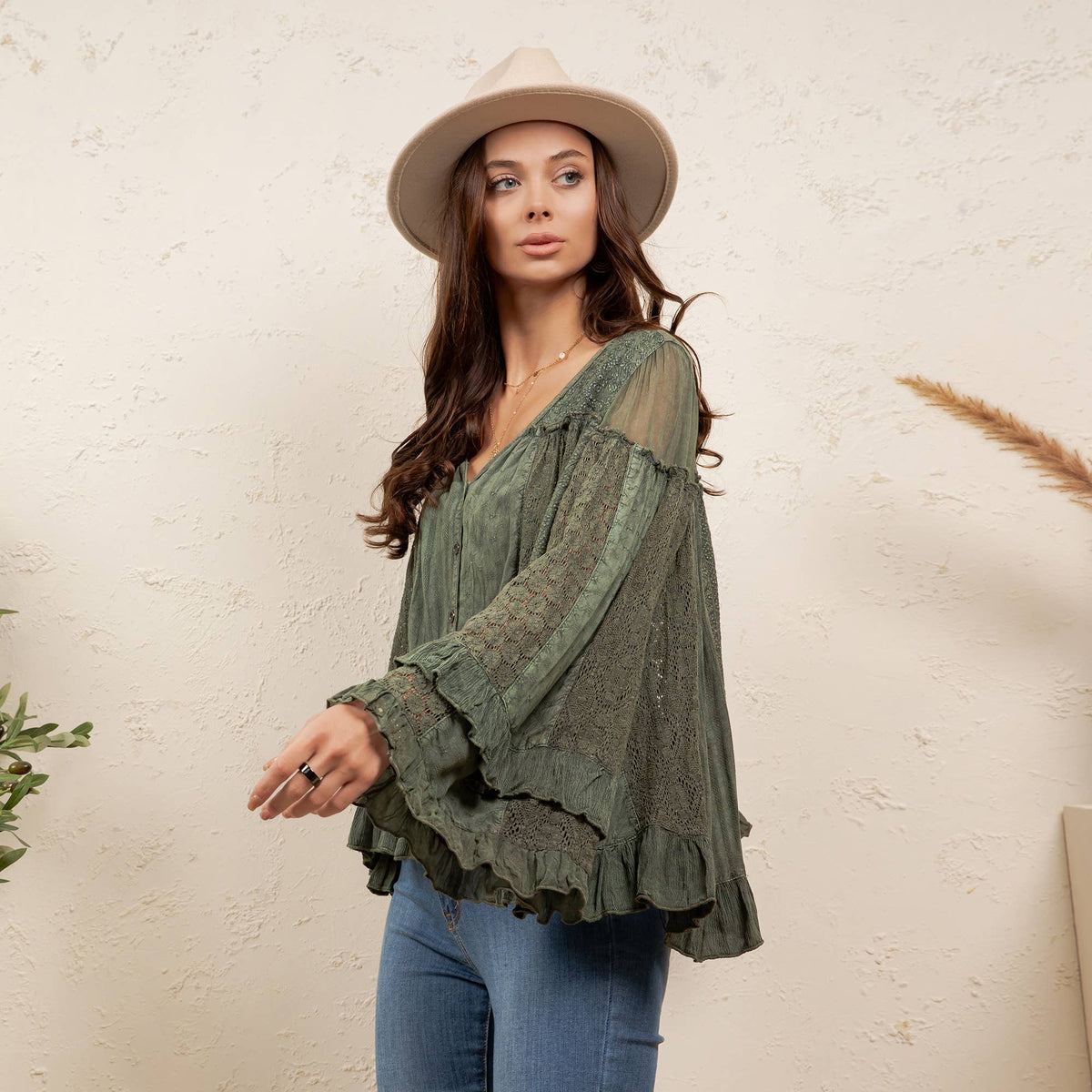 Dreamy Sheer V-Neck Ruffled Button-Front Top