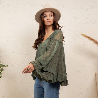 Dreamy Sheer V-Neck Ruffled Button-Front Top