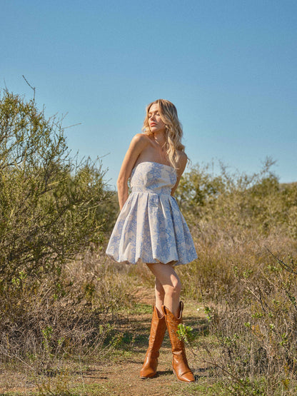 Blue and White Textured Jacquard Floral Tube Mini Dress