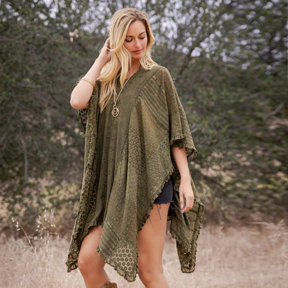 Boho Lace Embroidered V-Neck Asymmetrical Kaftan Top