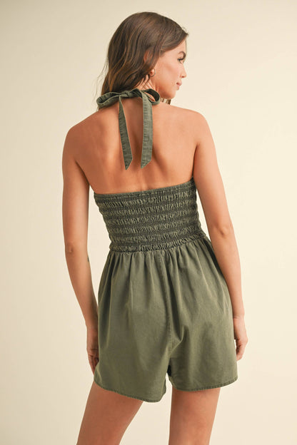 Olive Green Smocked Halter Romper
