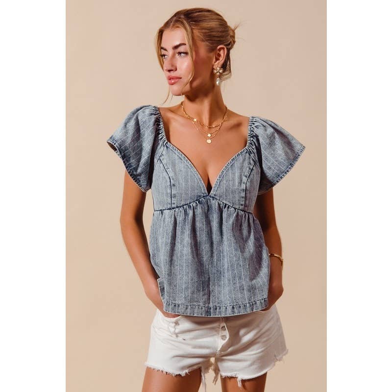 WASHED STRIPE DENIM BABYDOLL TOP WITH BACK OPENING
