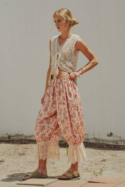 Floral Cotton Lace Hem Balloon Bloomer Pants