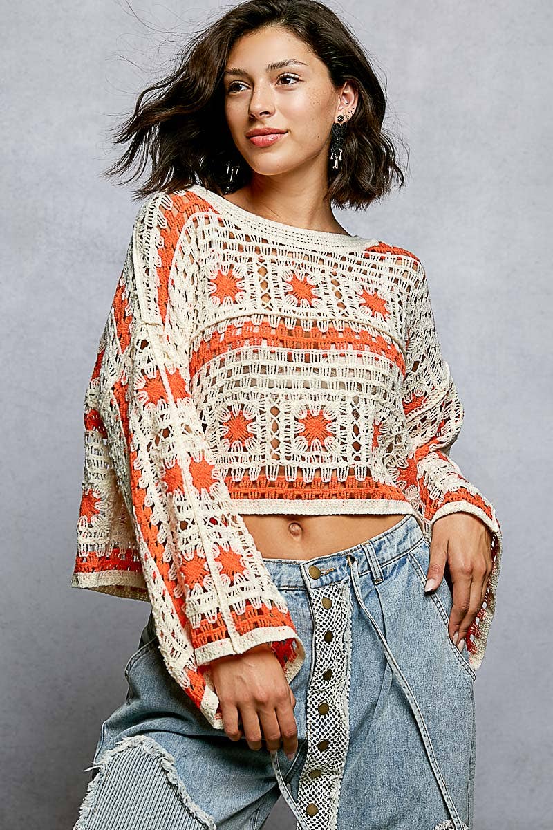 Orange and Cream Granny Square Long Sleeve Crochet Top
