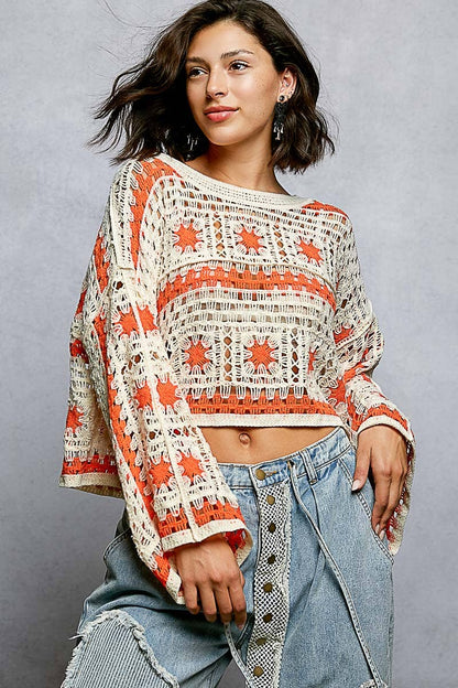 Orange and Cream Granny Square Long Sleeve Crochet Top